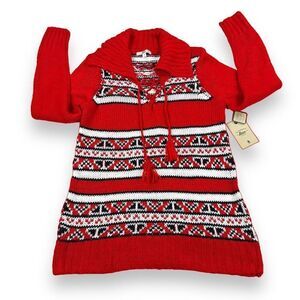 GH‎ Bass Sweater Womens Medium Size M Red White Cowl Neck Lace Up Front Pullover